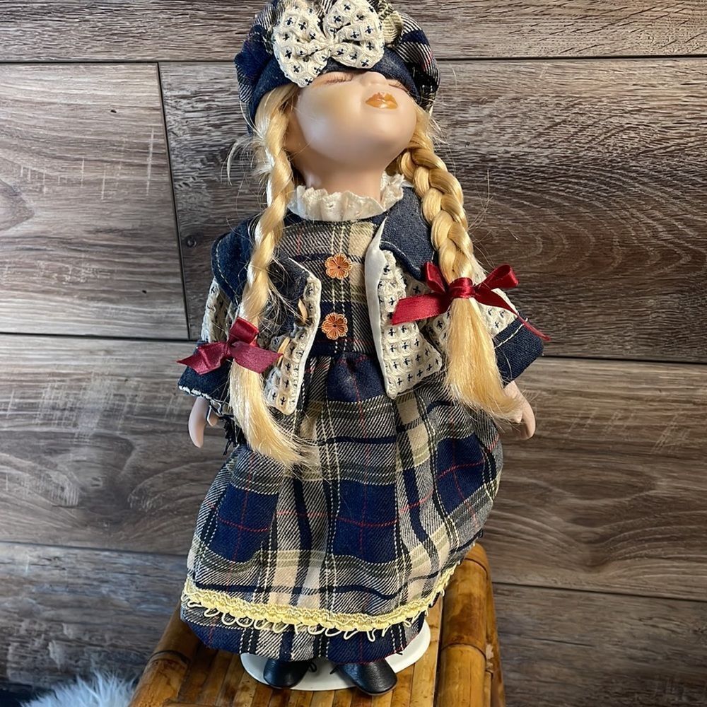 Vintage Porcelain Kissing Doll , Blonde Braids, Blue Plaid Dress 15”